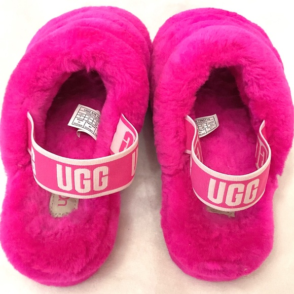 UGG FLUFF YEAH LAMB FUR HOT PINK SLING BACK PEEP TOE SLIPPERS SZ 7 - Picture 8 of 14